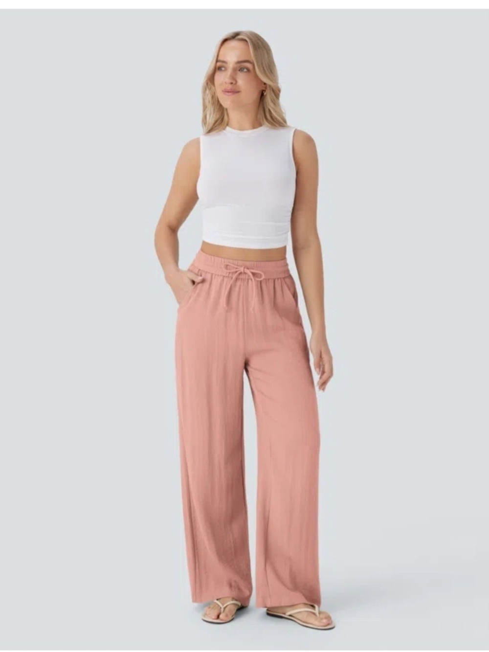 HALARA High Waisted Drawstring Pocket Wide Leg Baggy Casual Linen-Feel Pants